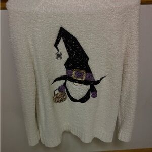 Poof! White Sweater with Witch Hat Design